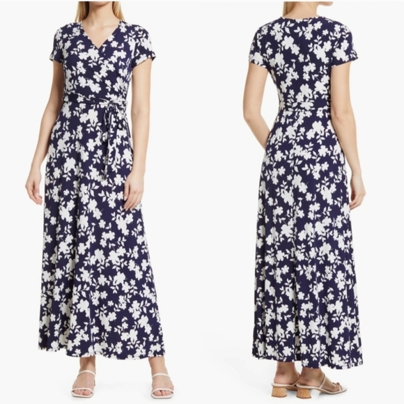 Eliza J SZ 6 Blue White Floral V-Neck Faux Wrap Belted Maxi Stretch Dress - Picture 1 of 10